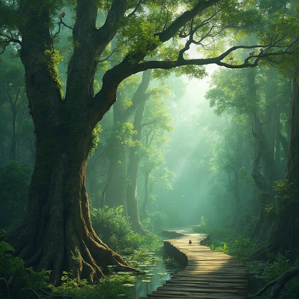 Misty morning landscape of Corkscrew Swamp Sanctuary with ancient cypress trees, lush green boardwalk, exotic birds, and rich biodiversity