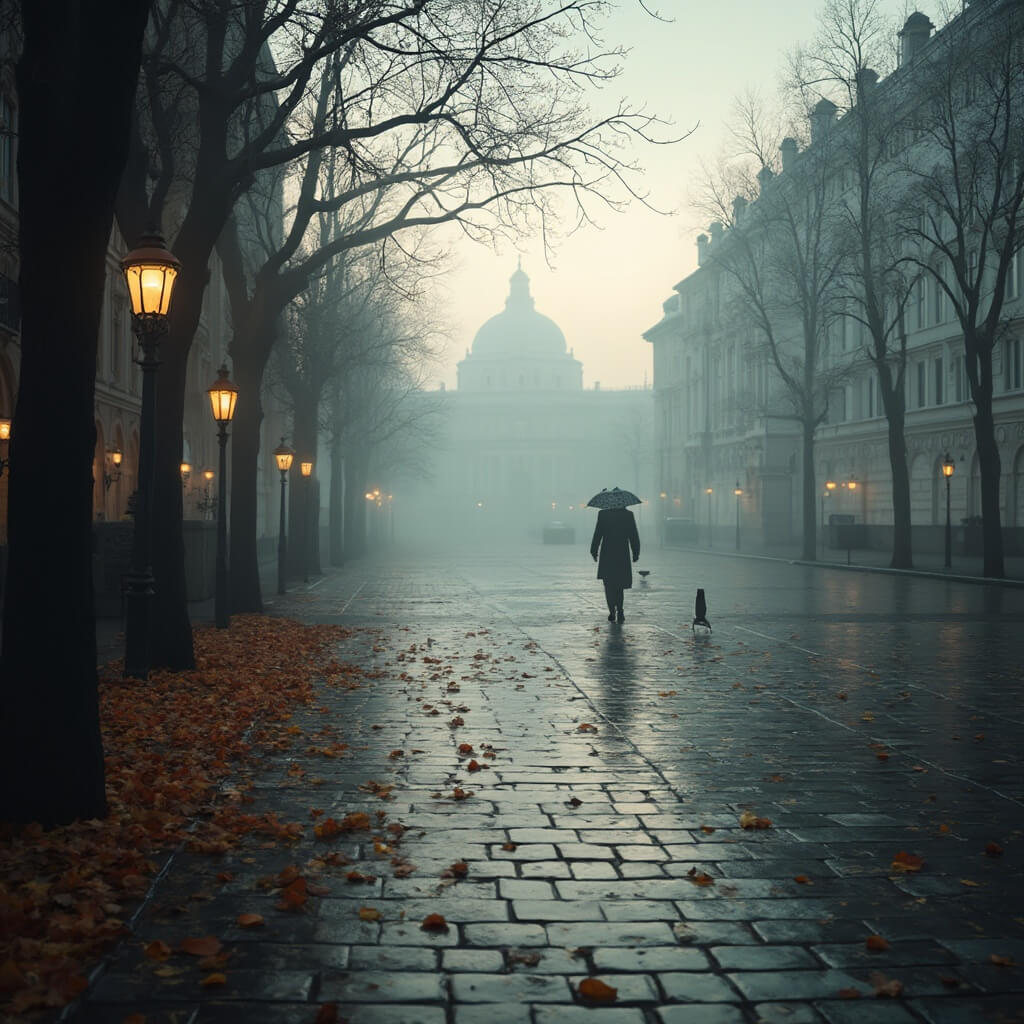 St. Petersburg in October: Your Ultimate Gloomy, Gorgeous Russian Adventure Guide Lone figure walking in misty Palace Square, St Petersburg at dawn with Winter Palace obscured, autumn leaves on wet cobblestones