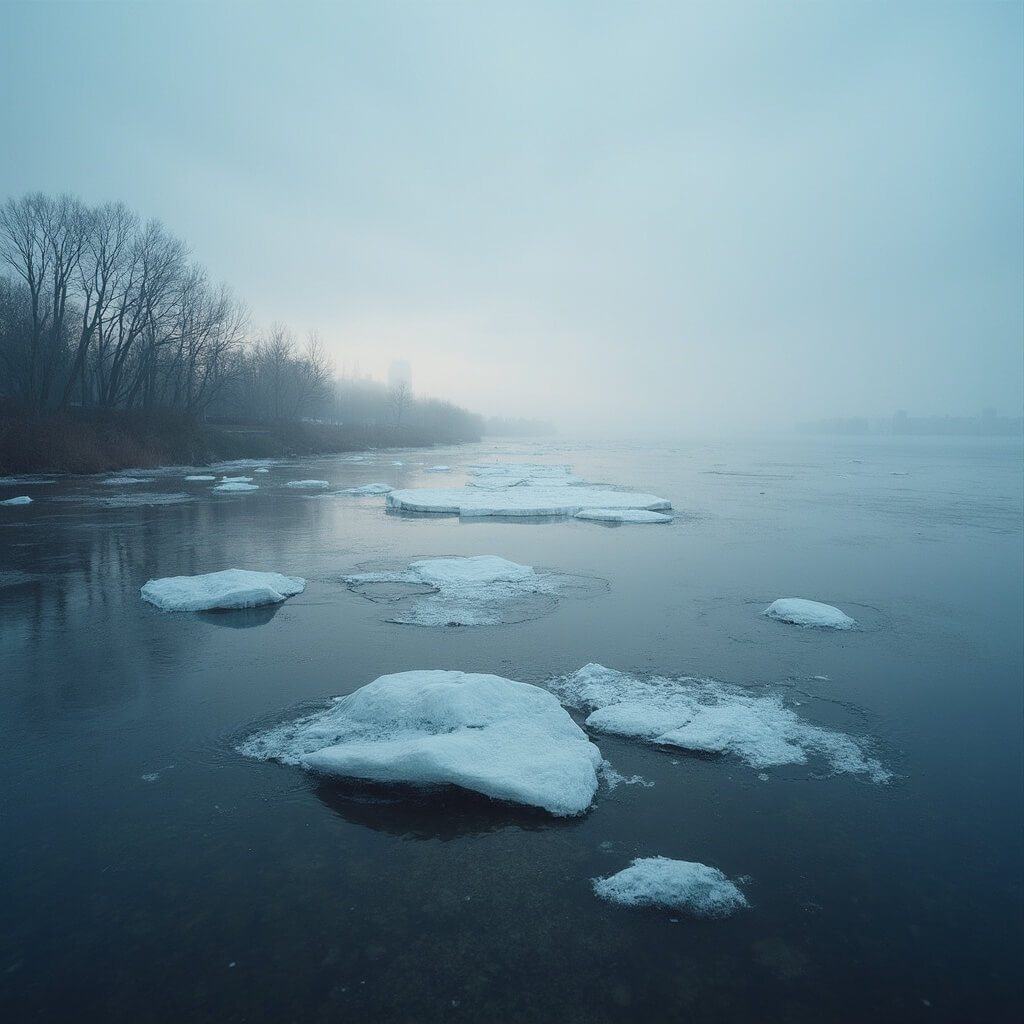 Dawn over St. Petersburg with broken ice sheets on misty Gulf of Finland, bare trees and emerging spring vegetation on shoreline, under muted blue and gray sky with city silhouette on low horizon