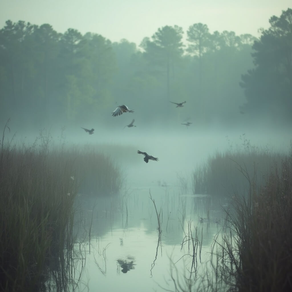 Migratory birds in flight during misty winter morning in Tomoka State Park, surrounded by lush Florida wetland vegetation with soft focus background