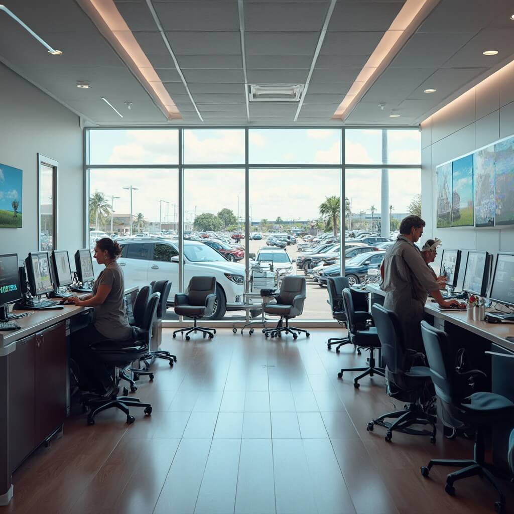 Interior of a modern rental car agency with computer terminals, digital vehicle displays, comfortable seating area, staff assisting customers, and a view of rental vehicles in sunny Florida parking lot
