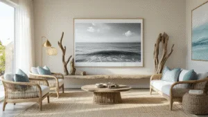 Photorealistic interior of a contemporary living room featuring a coastal gallery wall with a large black and white ocean photograph, driftwood sculptures, and abstract seascapes, set against textured grasscloth walls, natural fiber rug, rattan accents, and brass lighting fixtures, illuminated by warm morning light through sheer curtains.