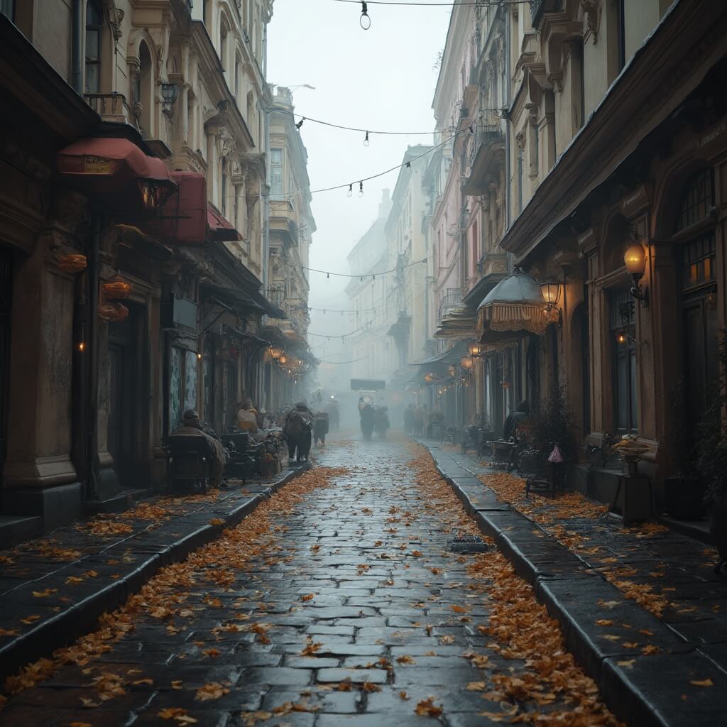 Early morning misty autumn scene in St. Petersburg, Russia showing a narrow cobblestone street with ornate historical buildings, golden leaves on wet pavement, and a soft grey overcast sky with no people visible