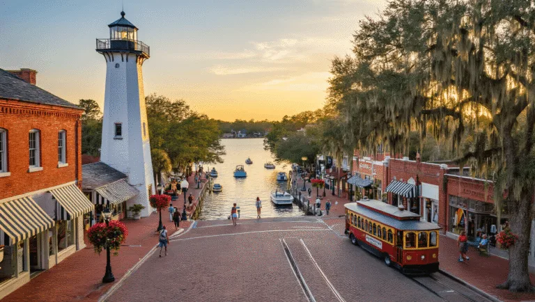"Aerial view of Mount Dora's lakefront downtown at sunset featuring a lighthouse, red brick vintage buildings, tree-lined streets, small boats on the lake, and a vintage trolley"