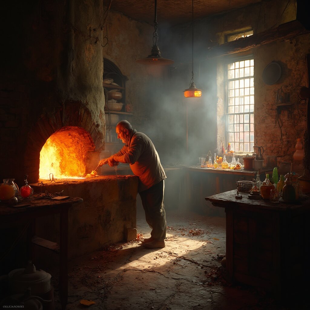Artisan in traditional attire crafting molten glass in a warmly lit, rustic Murano glass workshop filled with delicate glass artifacts and atmospheric rays filtering through dusty windows.