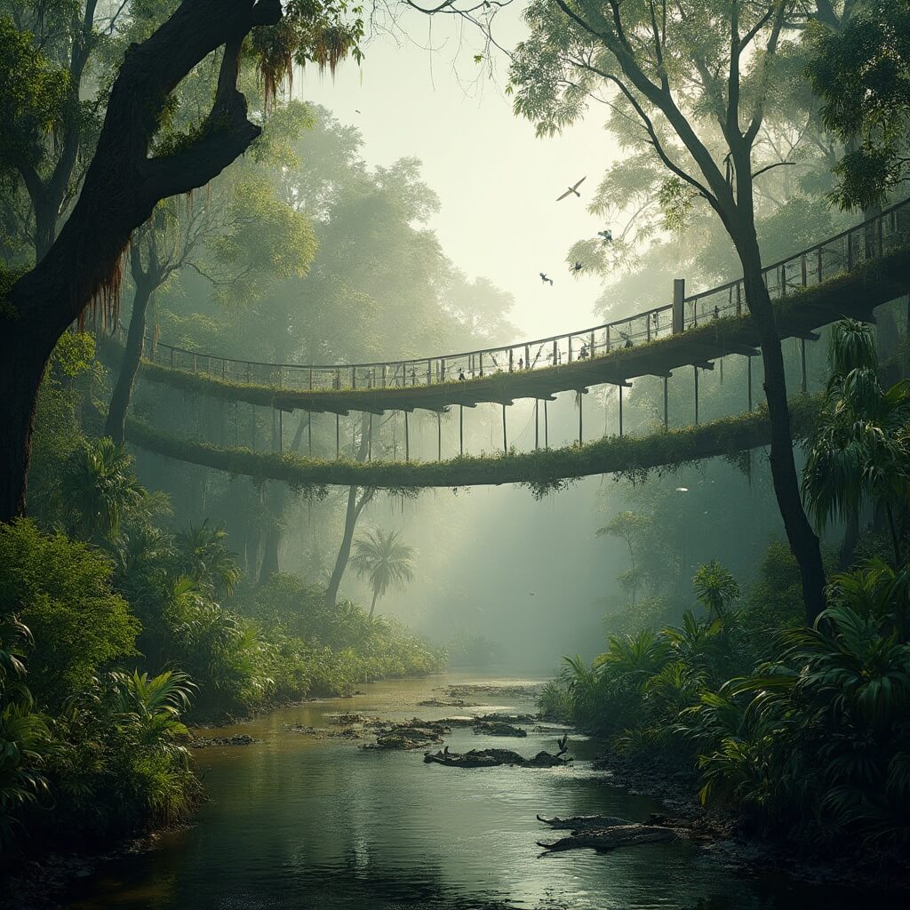 Elevated canopy walkway at Myakka River State Park, highlighting Florida's wild ecosystem with alligators, exotic birds, and sunlight filtering through the dense tropical forest on a misty morning.