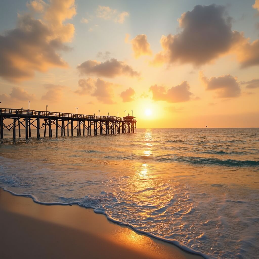 Dolphins jumping at sunset with Naples Pier extending into the serene Gulf of Mexico, pastel sky reflecting on calm ocean waters