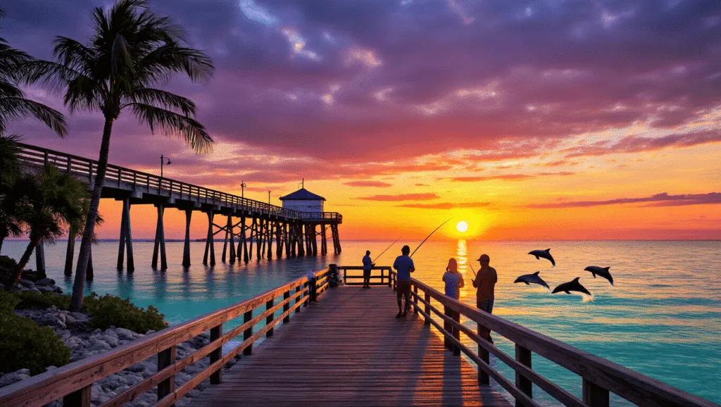 "Silhouetted individuals fishing and strolling on Naples Pier at sunset with dramatic sky reflecting on calm waters, dolphins in the distance, swaying palm trees in the foreground, and pier extending into the Gulf of Mexico in photorealistic style"