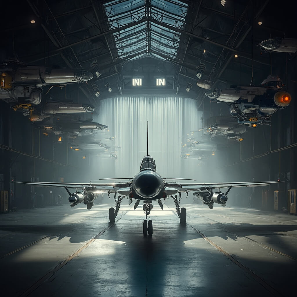 Discover Pensacola: Your Ultimate Adventure Playground Dramatic view of the National Naval Aviation Museum showing suspended vintage fighter jets, soft illumination on aircraft details, wide-angle shot of expansive hangar, and aircraft reflections on polished floor with no people in sight.