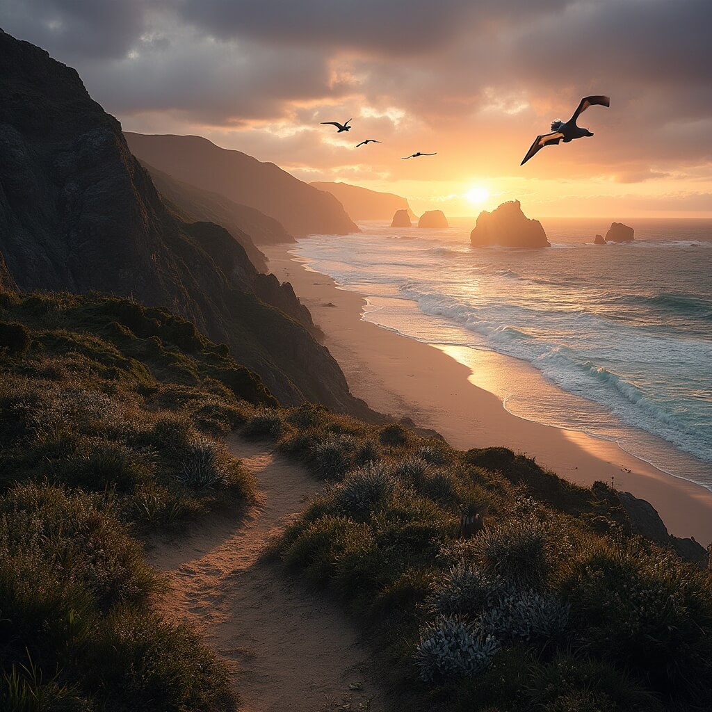 Dramatic coastal sunset with rugged cliffs, hiking trail through New Zealand native bush, yellow-eyed penguins on the beach, soaring Royal Albatross, and silhouette of Moeraki Boulders in the Pacific Ocean