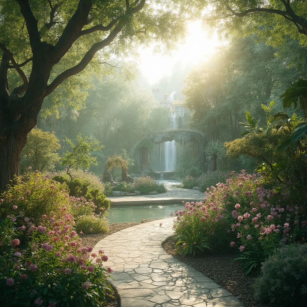 Botanical garden in Orlando with blooming spring flowers, manicured paths, tropical plants, water features, and a distant theme park silhouette