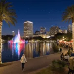 "Downtown Orlando cityscape at night in December featuring illuminated Lake Eola fountain and Christmas tree, palm trees wrapped in lights, people strolling and dining outdoors, and buildings adorned with holiday decorations."