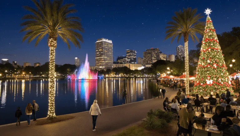 "Downtown Orlando cityscape at night in December featuring illuminated Lake Eola fountain and Christmas tree, palm trees wrapped in lights, people strolling and dining outdoors, and buildings adorned with holiday decorations."