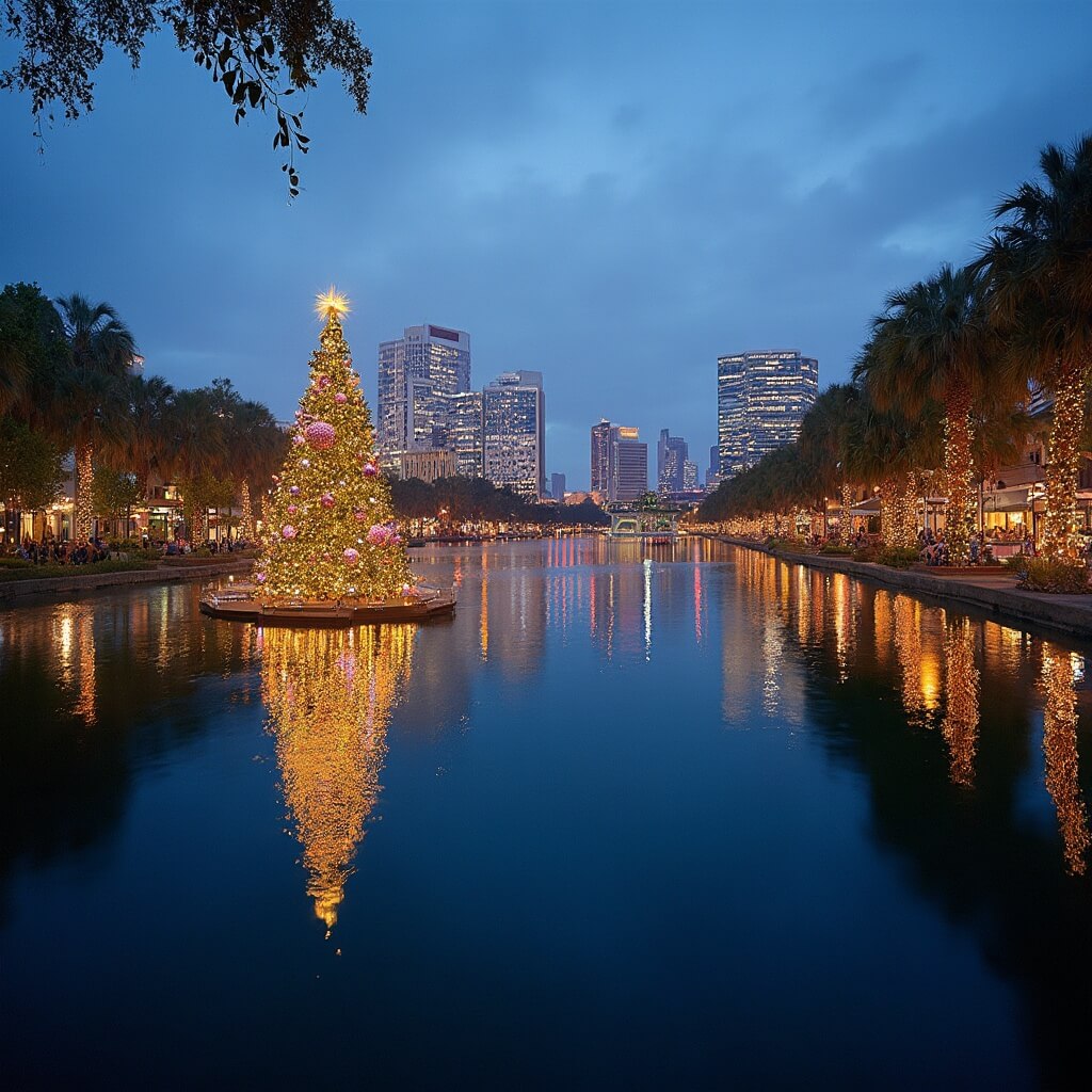 Holiday season at Lake Eola with a decorated Christmas tree in the foreground, Orlando skyline in the background, festive decorations, and palm trees in a subtropical winter landscape.