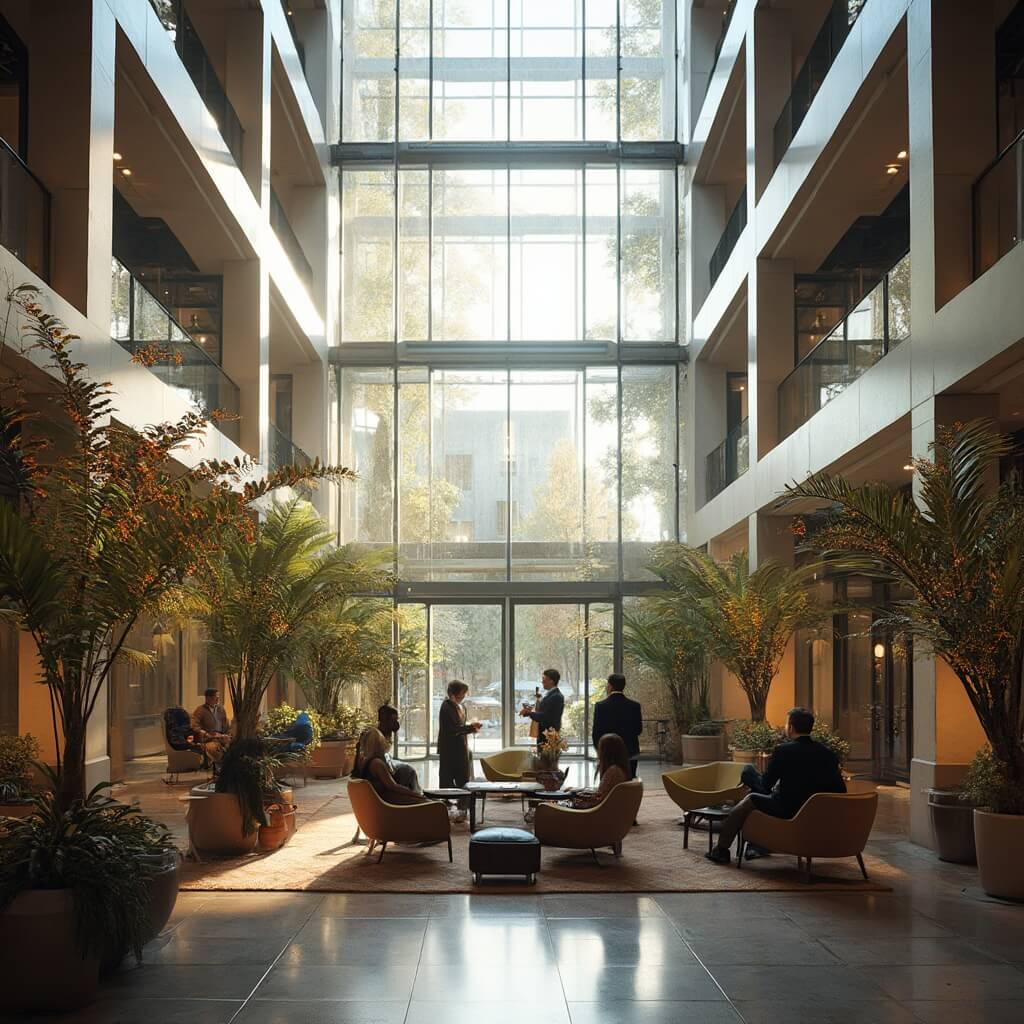 Business professionals networking in a modern Orlando conference center atrium with glass ceilings, sleek architecture, and tropical plants, bathed in warm autumn light