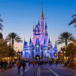 "Orlando cityscape at dusk with Disney Castle adorned in holiday lights, palm trees decorated with Christmas lights, holiday shoppers, Mickey-shaped Christmas wreaths, and banners against a clear November sky, indicating a temperature of 77°F."