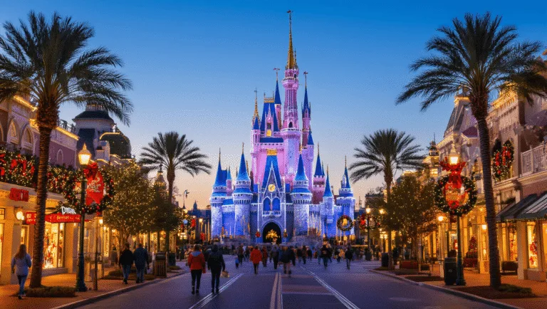 "Orlando cityscape at dusk with Disney Castle adorned in holiday lights, palm trees decorated with Christmas lights, holiday shoppers, Mickey-shaped Christmas wreaths, and banners against a clear November sky, indicating a temperature of 77°F."