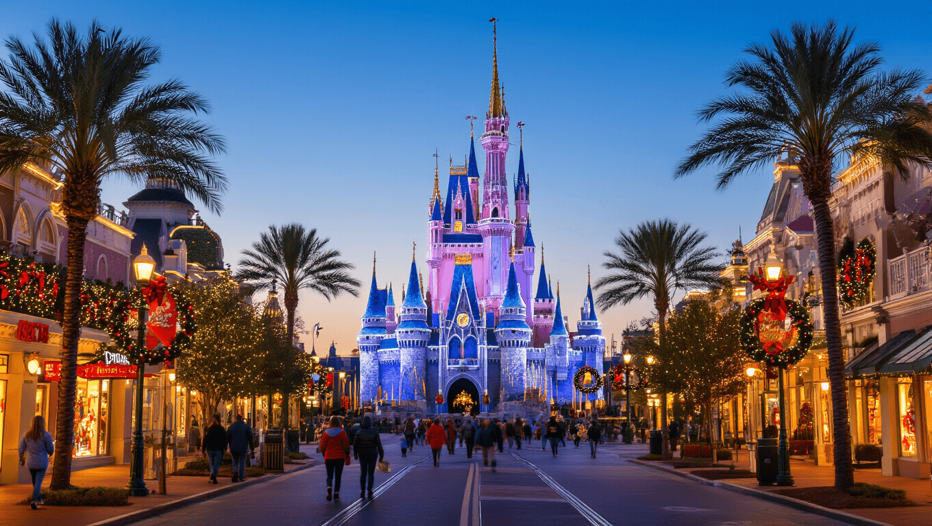 "Orlando cityscape at dusk with Disney Castle adorned in holiday lights, palm trees decorated with Christmas lights, holiday shoppers, Mickey-shaped Christmas wreaths, and banners against a clear November sky, indicating a temperature of 77°F."