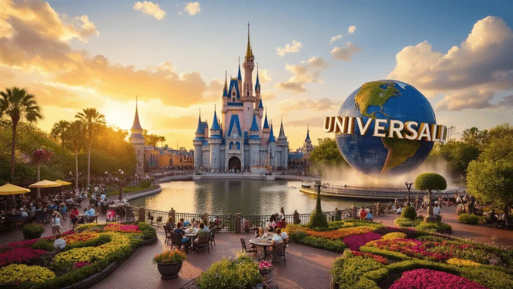 "Aerial view of Orlando at sunset with Disney castle, Universal Studios globe, Epcot's Flower & Garden Festival, rooftop restaurants, Lake Eola's fountain, and lush greenery"