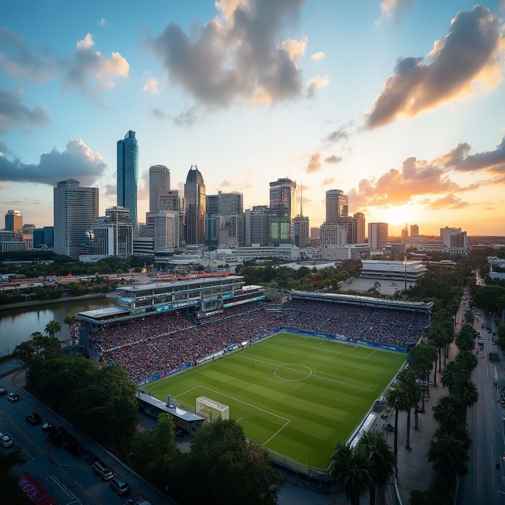 Panoramic view of Orlando cityscape during golden hour with skyscrapers, a soccer match at Orlando City Soccer stadium, palm-lined streets, and a sunset-colored sky reflecting Florida's vibrant spring atmosphere