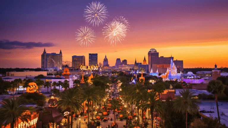 "Aerial view of Orlando cityscape at dusk in October, with illuminated theme parks, Halloween decorations, palm trees, city skyline, fireworks, and a blend of tropical, and autumn aesthetics."