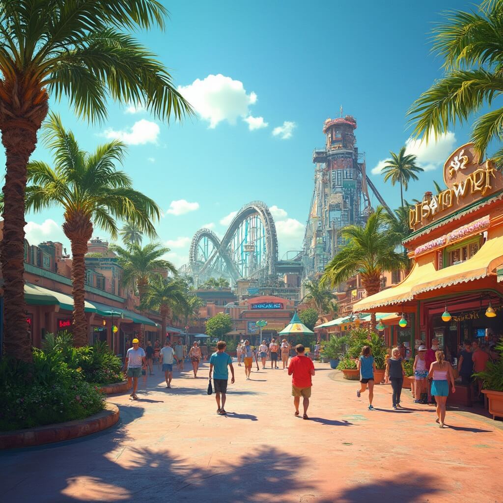 Sunny Orlando theme park scene with lush palm trees, roller coaster, people in colorful clothing, entrance with magical atmosphere and detailed sunlight casting golden hues