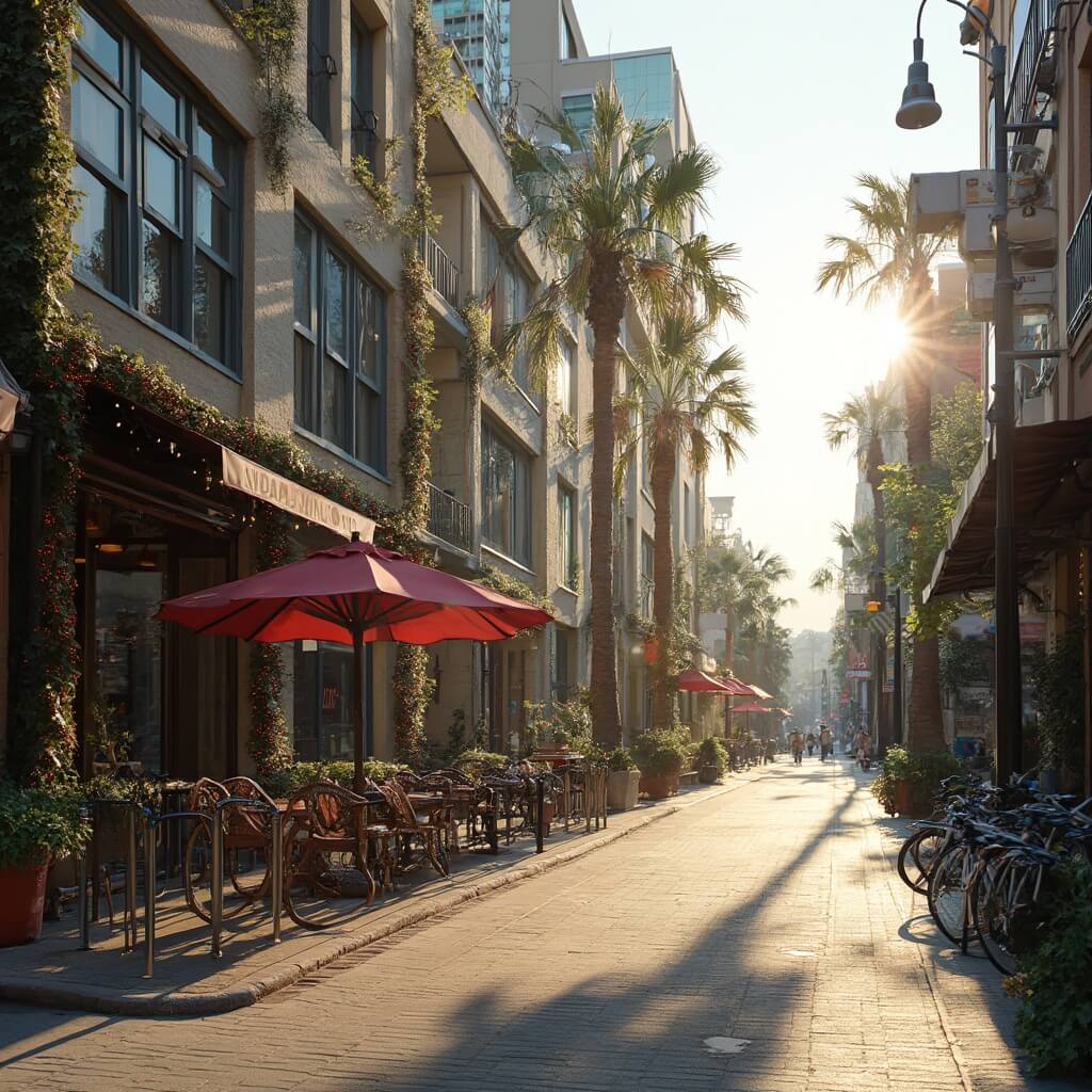Early morning in Orlando's Mills 50 district with a fusion of modern and traditional architecture, local cafes arranging outdoor seating, holiday decorations installation, bicycle racks with rental bikes, and sunlight casting long shadows on empty, clean streets.