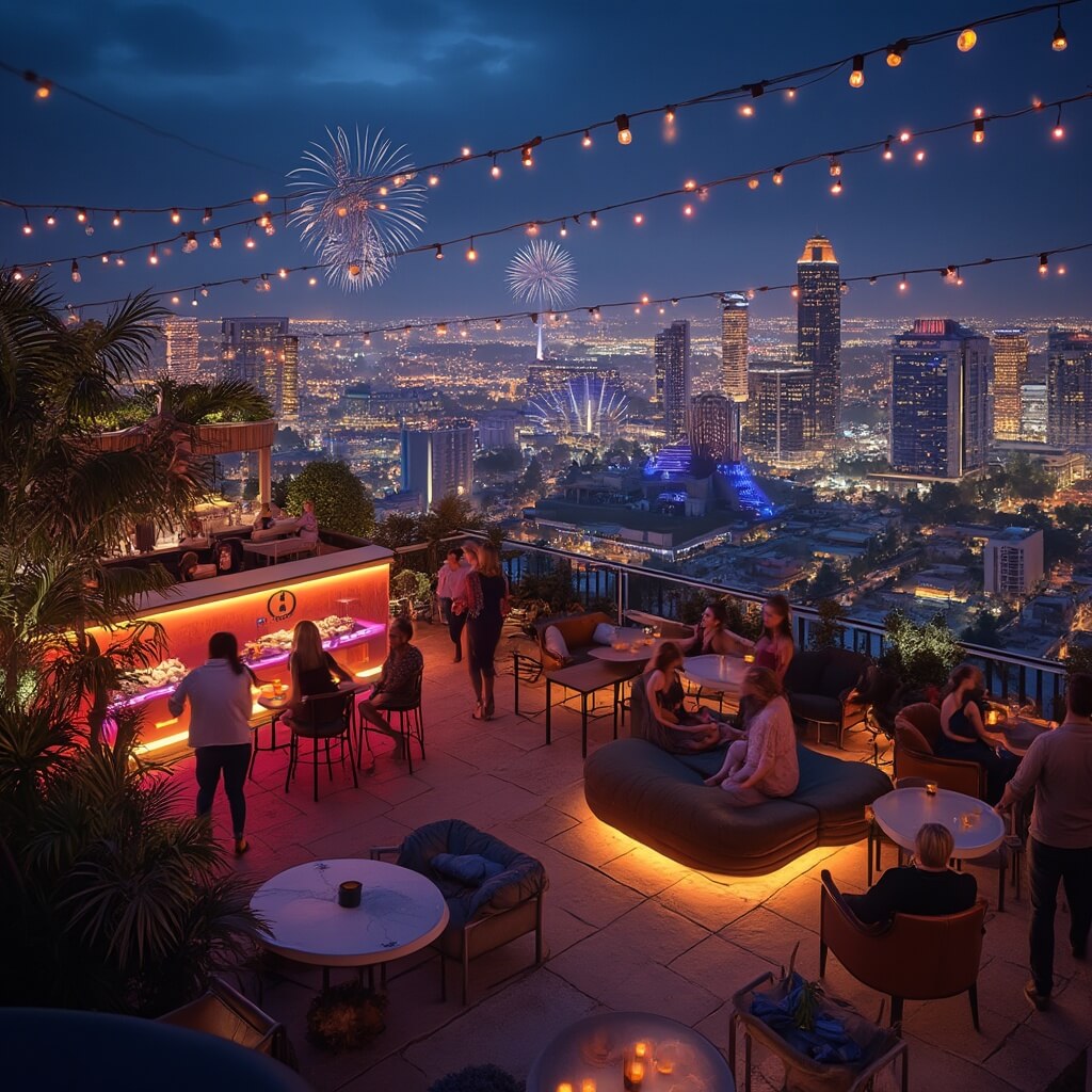 Patrons enjoying drinks at a rooftop bar with modern lounge furniture, ambient lighting, tropical plants, and a view of Orlando's illuminated cityscape and theme park fireworks.