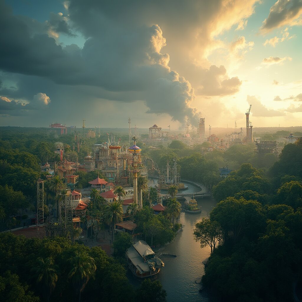 Aerial view of Orlando theme park on a summer day with approaching thunderstorm, sunlight creating heat waves, and surrounding tropical vegetation