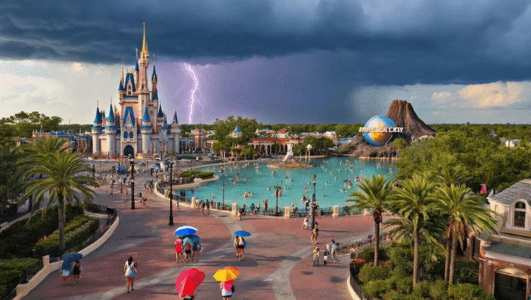 "Aerial view of Orlando's theme parks with Disney's Cinderella Castle and Universal's Volcano Bay, under a sunny sky with approaching storm clouds and lightning, crowded with visitors carrying colorful umbrellas and ponchos."