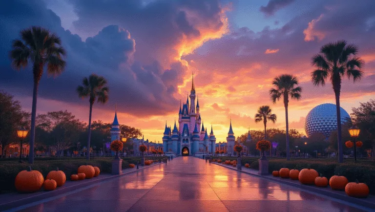 "Panoramic sunset view of Orlando featuring Cinderella Castle, empty theme park pathways decorated for fall and Halloween, Epcot's glowing sphere, swaying palm trees, and rain-reflective surfaces."