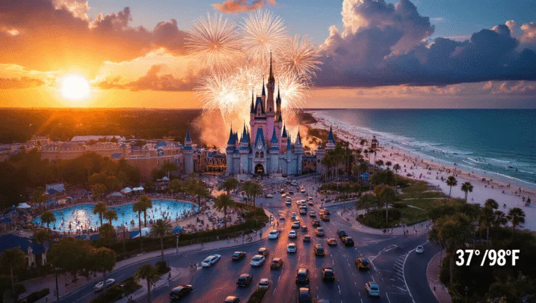 "Aerial view of Orlando at sunset with fireworks over Disney World, crowded water parks, traffic towards the coast, and a thermometer indicating 37°C/98°F"
