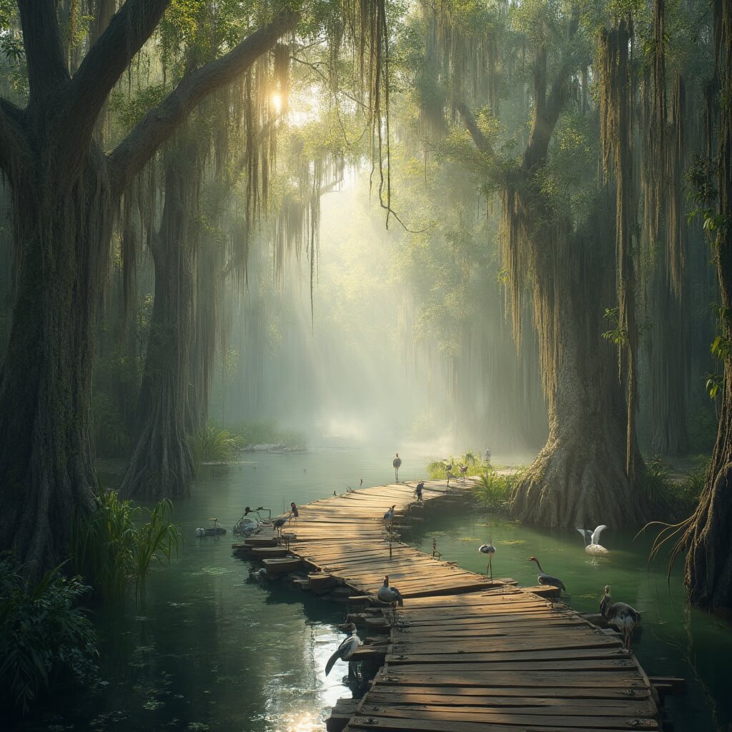 Eco-tourism scene in Orlando with a wooden boardwalk in a cypress swamp, Spanish moss from trees, mist, herons and ibis in clear water, and sunlight through canopy in photorealistic style