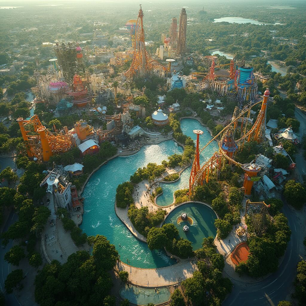 Aerial view of Orlando's busy theme parks with vibrant roller coasters amidst lush greenery, sharp shadows suggesting intense sunlight, heat waves visible on asphalt paths, no people seen.