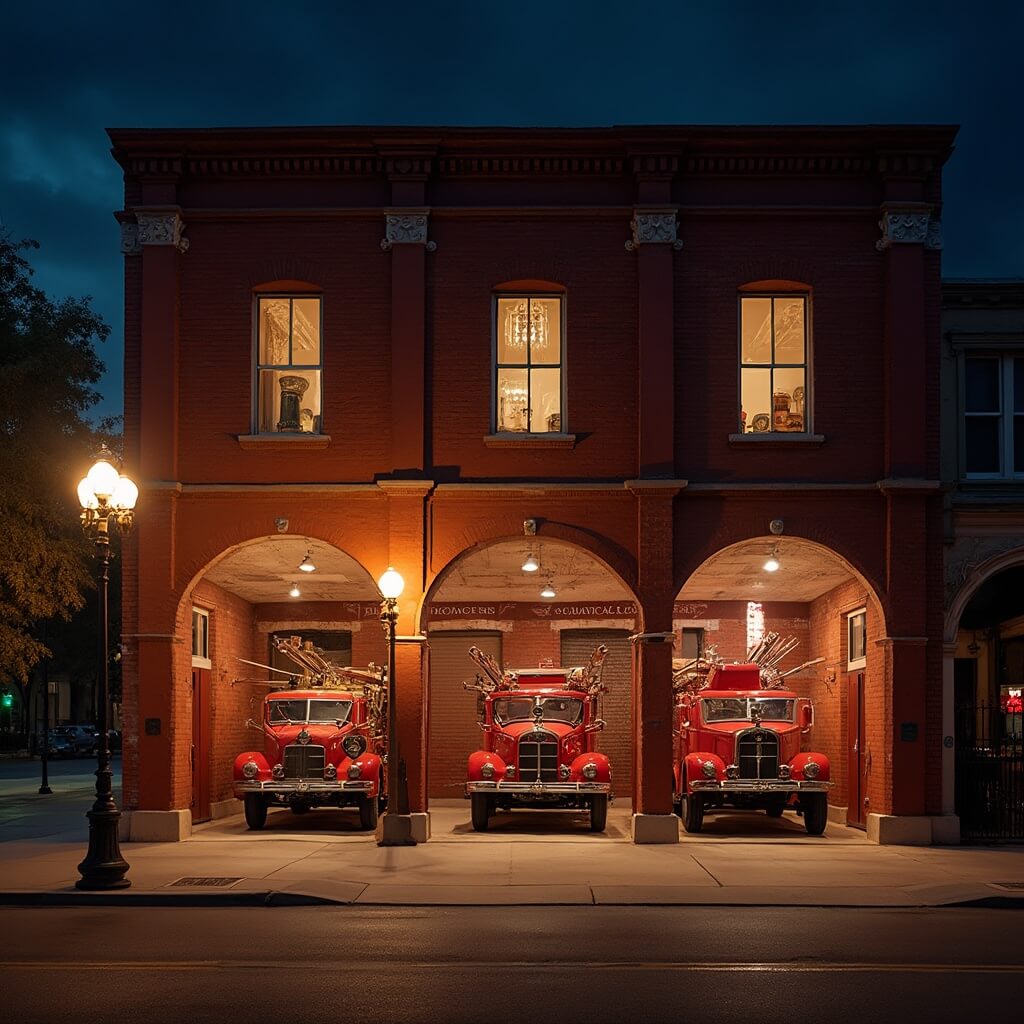 Dramatic night view of Victorian-era fire museum in Orlando with red brick architecture, brass fixtures, and vintage fire trucks visible through arched windows, lit by antique street lamps
