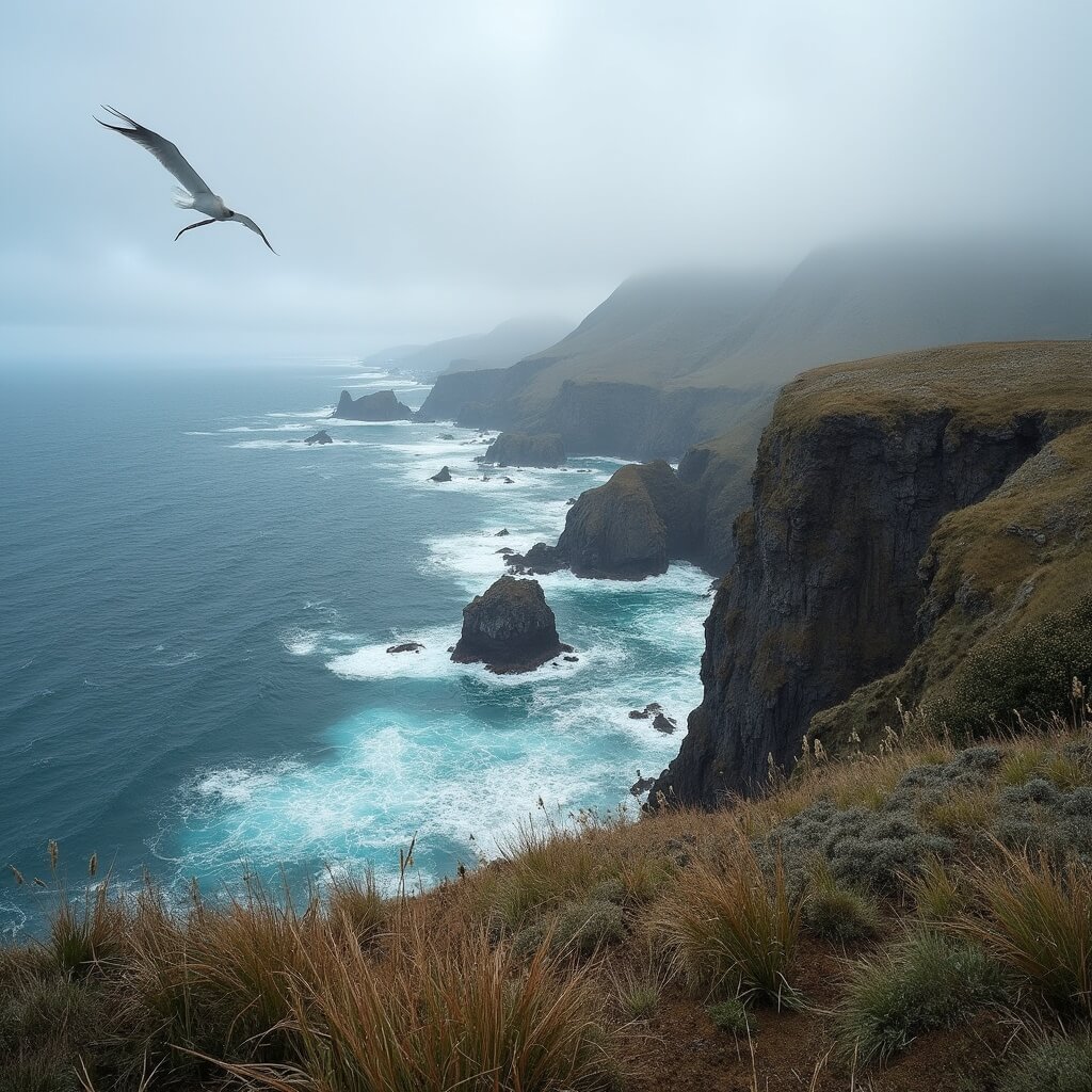 Royal Albatross soaring above the dramatic rocky coastline of Otago Peninsula under a stormy sky, embodying the raw and pristine wilderness of New Zealand