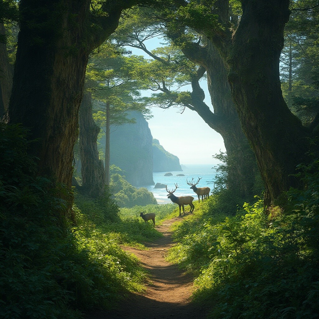 Scenic forest trail leading to distant coastline, ancient moss-covered trees, sunlight streaming through dense leaves, elk grazing in a clearing, in a stunning photographic landscape with rich colors and depth.