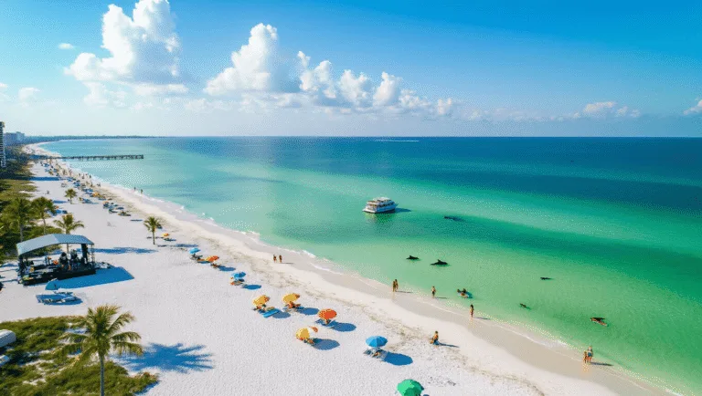"Aerial drone view of Panama City Beach in spring, featuring clear Gulf waters, scattered beach umbrellas, dolphins near Shell Island, paddle boarders, sunset cruise boat, volleyball players, SandJam Music Festival stage, palm trees, and natural golden lighting"