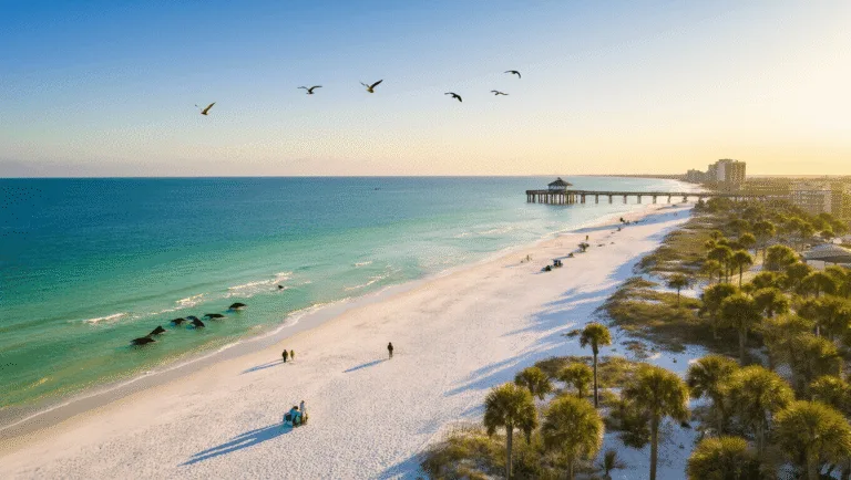 "Aerial view of Panama City Beach in February with sparse crowds, emerald-green waters, dolphins near the shoreline, beachgoers walking along the water's edge, iconic pier in the distance, birds overhead, St. Andrews State Park and modern beachfront architecture."