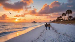 "Couple walking on Panama City Beach at sunset in winter, surrounded by pristine white sand, vibrant orange and pink clouds, swaying palm trees, soaring seabirds, a distant fishing pier, and playful dolphins in the Gulf waters."
