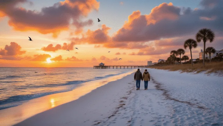 "Couple walking on Panama City Beach at sunset in winter, surrounded by pristine white sand, vibrant orange and pink clouds, swaying palm trees, soaring seabirds, a distant fishing pier, and playful dolphins in the Gulf waters."