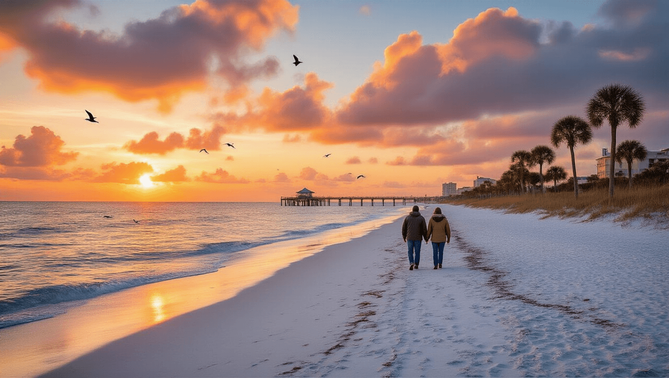 "Couple walking on Panama City Beach at sunset in winter, surrounded by pristine white sand, vibrant orange and pink clouds, swaying palm trees, soaring seabirds, a distant fishing pier, and playful dolphins in the Gulf waters."