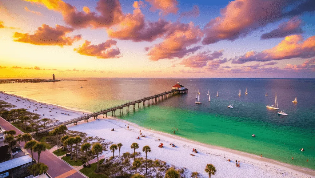 "Aerial view of Pensacola Beach at sunset, showing white sandy beaches, emerald Gulf waters, Pensacola Beach Pier, the Naval Aviation Museum, palm trees, beachgoers, sailboats, and a historic lighthouse with a vibrant sky backdrop."