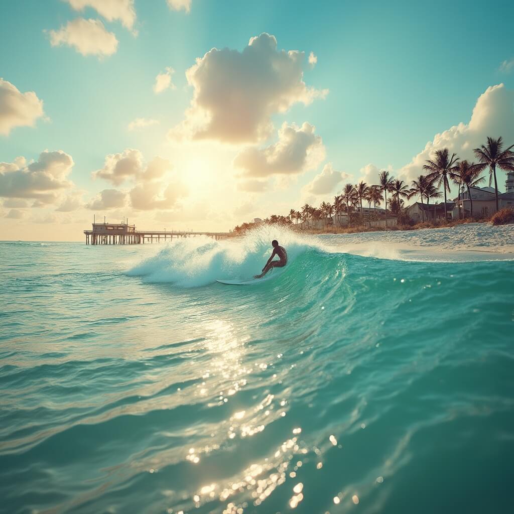 Discover Pensacola: Your Ultimate Adventure Playground Surfer riding a wave near Pensacola Beach Pier during golden hour, with palm trees, white sandy beaches, and sparkling emerald waters in the background