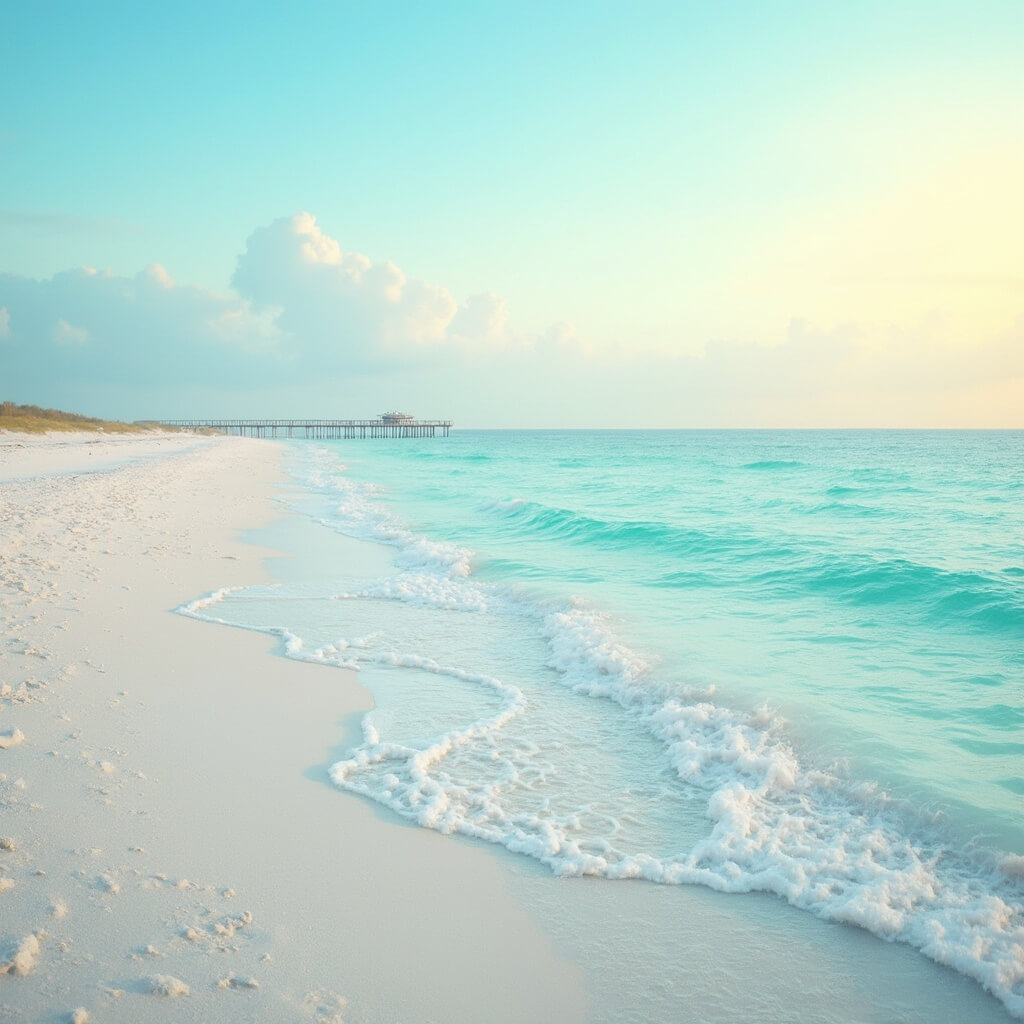 Discover Pensacola: Your Ultimate Adventure Playground Wide-angle view of pristine Pensacola Beach with clear turquoise Gulf waters, golden sunlight, gentle waves at shoreline, and distant pier