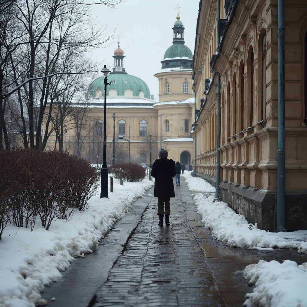 Lone figure walking on cobblestone street with melting snow and puddles reflecting gray sky, amidst baroque architecture and emerging green shoots, in early April St. Petersburg