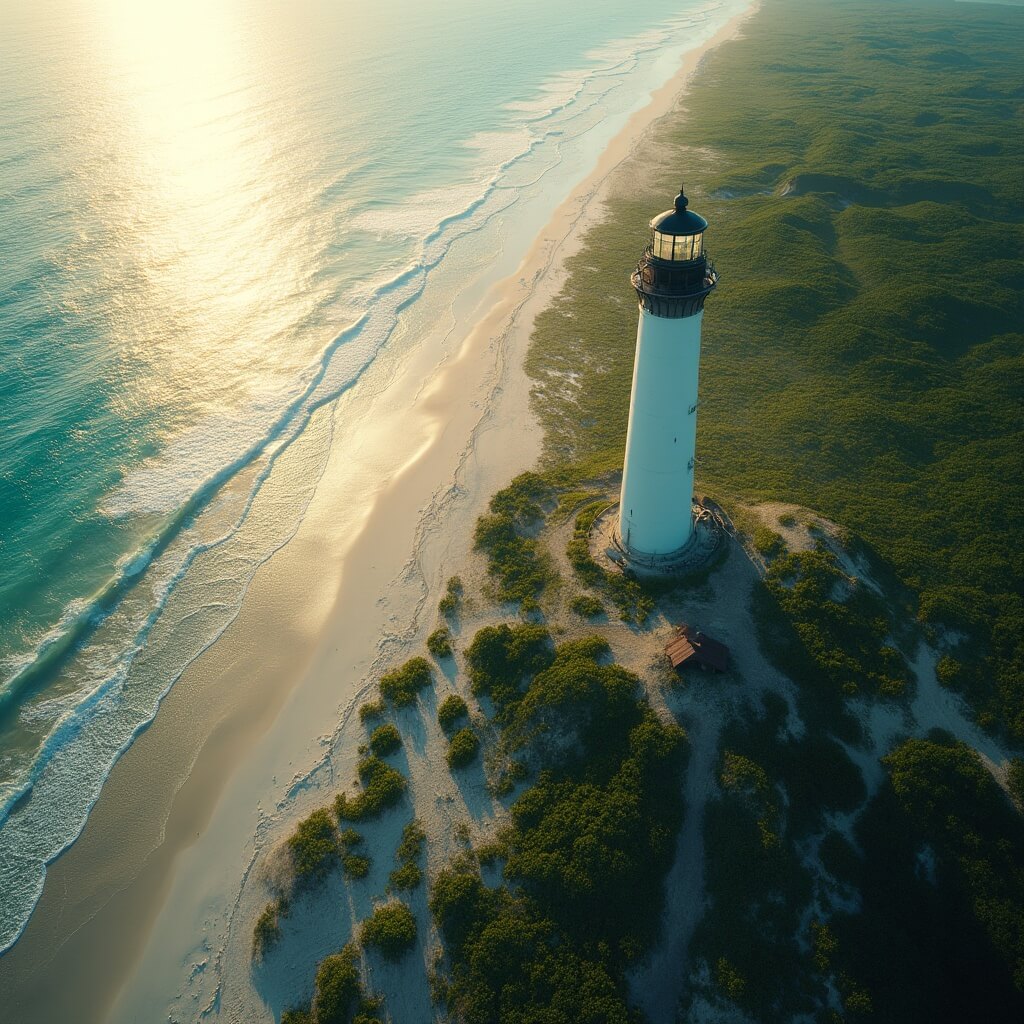 Aerial view of Ponce Inlet lighthouse on pristine coast with golden sunlight, clear ocean, and surrounding green vegetation, without any people