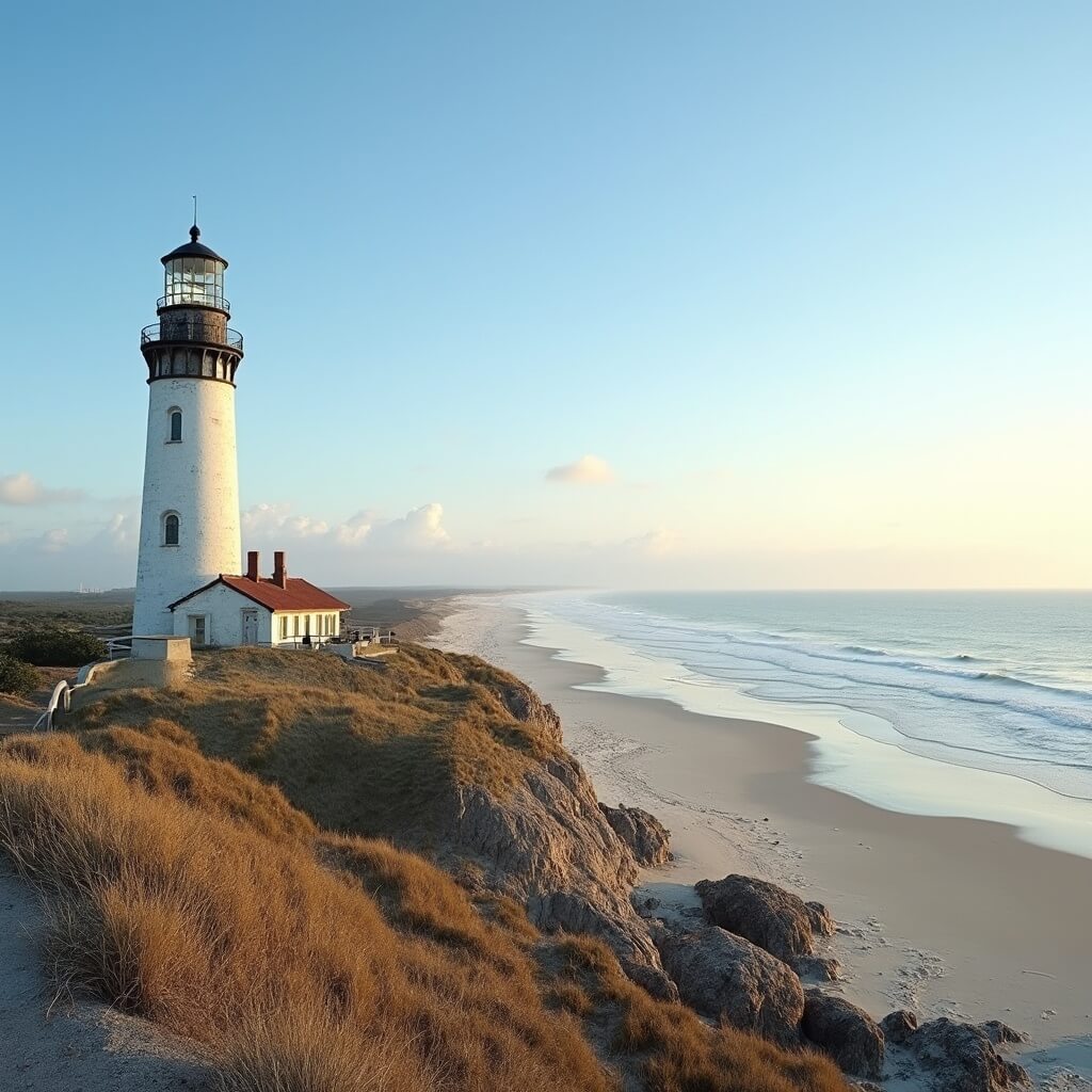 Ponce de Leon Inlet Lighthouse overlooking a panoramic view of Atlantic coastline under a clear winter sky