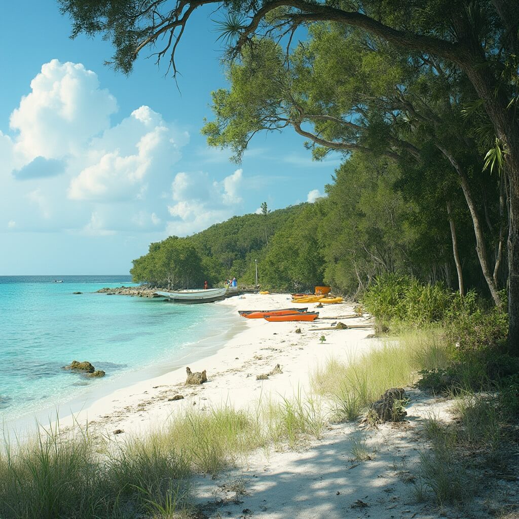 Early morning at Anastasia State Park with pristine sandy beach, crystal clear turquoise waters, maritime forest, native sea grasses, pine trees filtering sunlight, and unoccupied kayaks on the shoreline