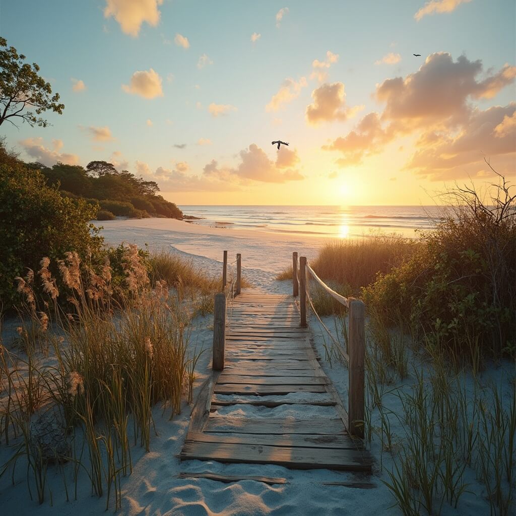 Untouched Florida beach at sunset with swaying sea oats, turquoise waters, a winding wooden boardwalk through dunes, leaping dolphins, mangroves, and soaring native birds.
